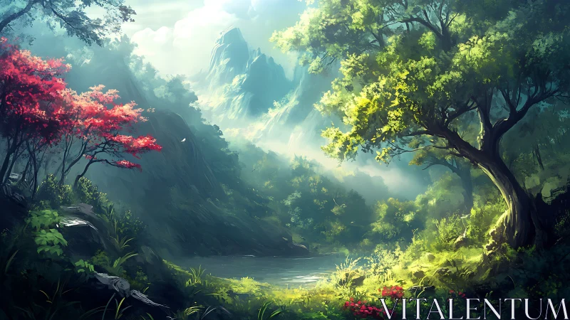 Emerald valley lake where red maples gossip with sunlight.