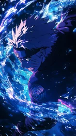 Dynamic cel-shaded ninja portrait with luminous blue energy flow