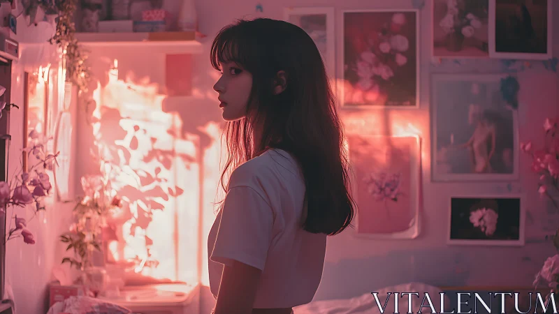 Twilight blush bedroom muse paused in rosy window light.