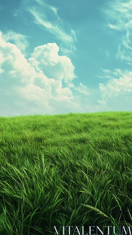Wind-shaped grassy field under stratocumulus cloud formations