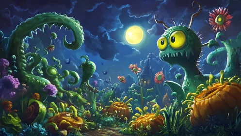 Moonlit pumpkin patch invaded by wide-eyed garden monsters.
