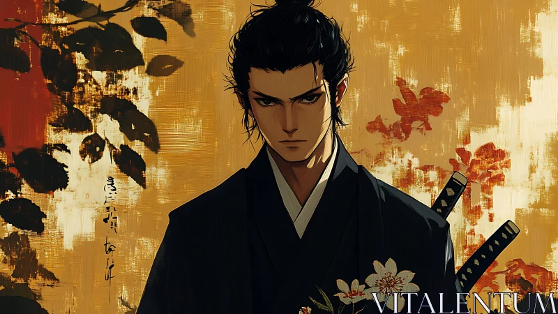 Stoic samurai stands against gold and crimson painted blooms