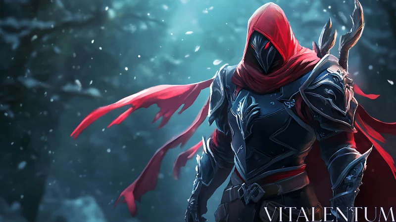 Fantasy hooded assassin in icy forest, dynamic red cloak.