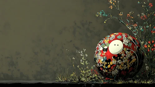 Floral red sphere rests beside sparse wild garden wall