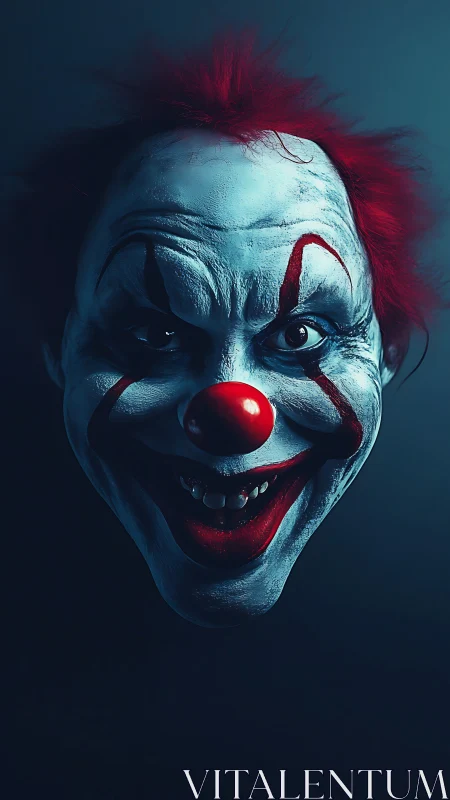 Clown portrait shows isolated head with stylized red makeup