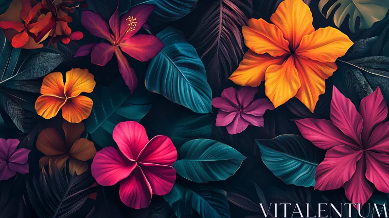Tropical Bloom Symphony: Vibrant Petals Dancing on Obsidian Canvas.