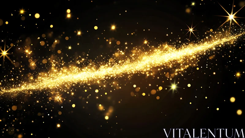 Golden light trail with dense sparkling particles on black