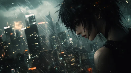 Solitary anime figure in rainy neon city at night.