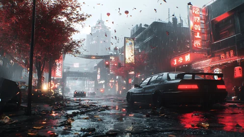 Crimson rainstorm ignites neon city street of slick shadows.
