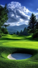 Mountain golf fairway with sand bunker under clouds.