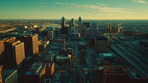 Golden hour city skyline glowing with evening calm.