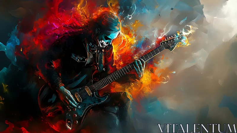 Chromatic combustion around spectral guitarist in kinetic flux.