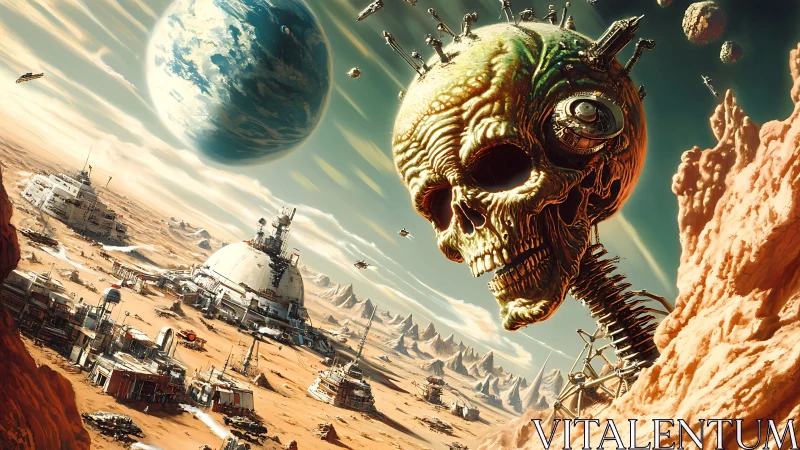 Colossal biomechanical skull above arid extraterrestrial base.