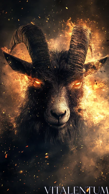 Goat head rendered in fire and smoke with glowing eyes