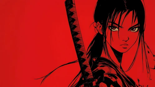 Samurai anime girl with sword on stark red background.