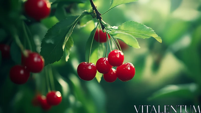 Ripe red cherries glow softly against lush summer foliage