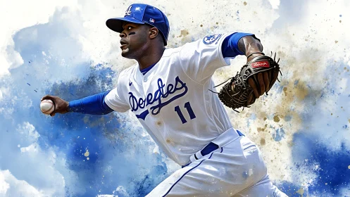 Dynamic baseball pitcher throws with explosive blue energy