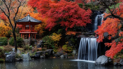 Red pagoda stands beside waterfall in dense autumn forest