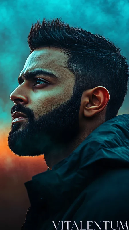 Digital portrait in cinematic side profile with neon gradient lighting.