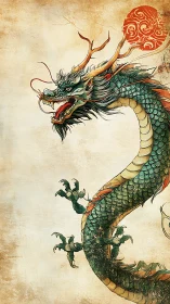 Coiled Eastern dragon arcs upward against distressed parchment field