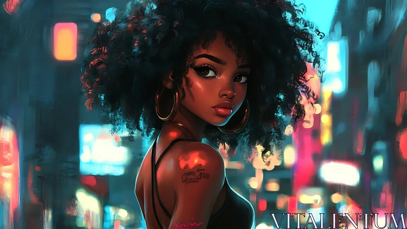 Neon city glow around a soulful girl with midnight curls.