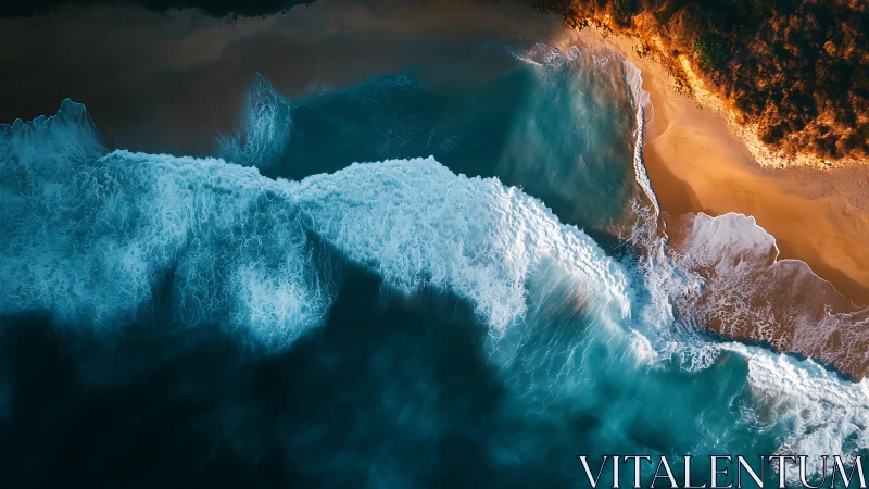 Golden shoreline meets teal waves in a calm coastal embrace.