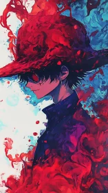 Side-profile anime figure in red hat amid fluid colors.