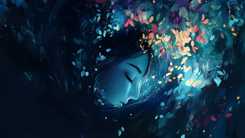 Dreamlike female profile dissolves into swirling chromatic petals