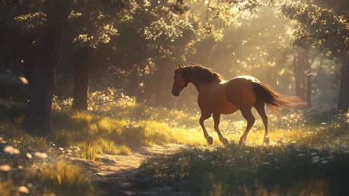 Horse moving along sunlit forest path in backlit haze.