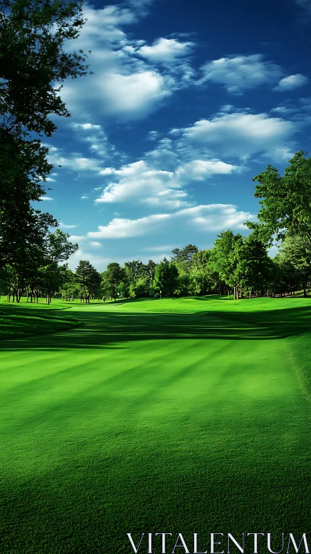Lush golf fairway under bright blue sky and clouds.