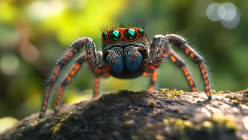 Jewel-eyed jumping spider poses like a tiny forest superstar