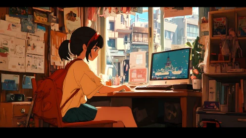 Girl studies at sunlit desk with city view backdrop.