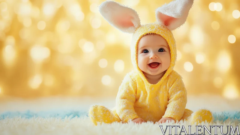 Infant in yellow bunny costume against defocused lights.
