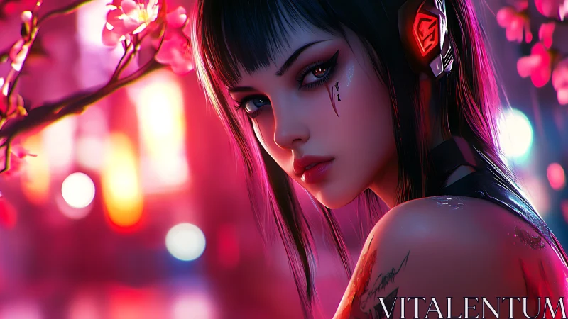 Neon city night welcomes a cyberpunk girl among blossoms