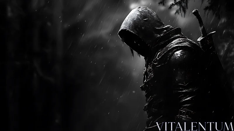Hooded swordsman silhouette in rain, high contrast monochrome