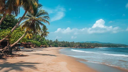 Tropical Coastal Beach with Palm Trees and Calm Waters.