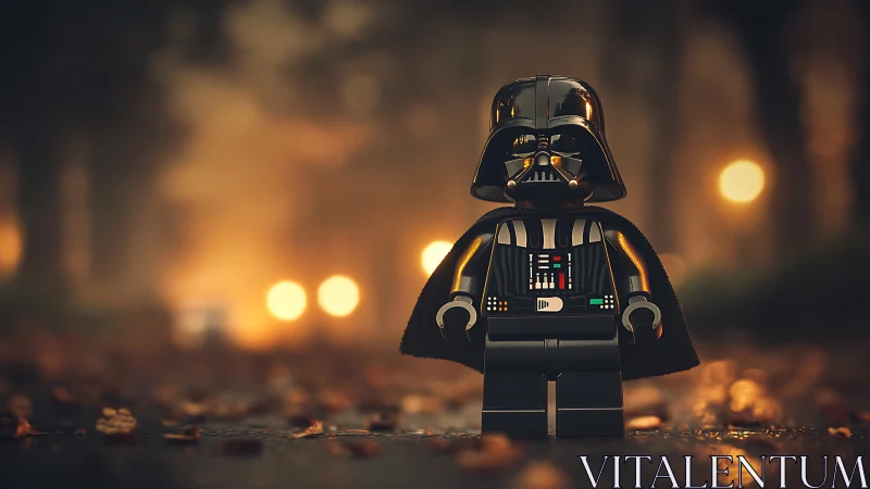 Toy dark warrior stands in moody autumn bokeh street.