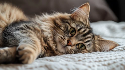Tabby Cat Resting on Textured Surface with Luminous Green Eyes. Professional Portrait Study.