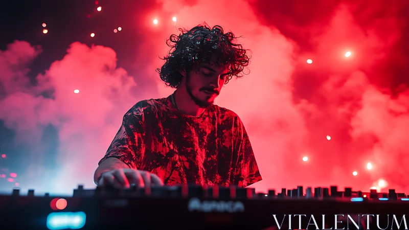 DJ performs live behind mixer in red smoke-filled lighting