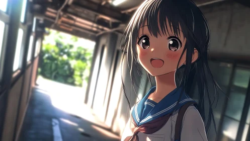Smiling anime schoolgirl in sunlit corridor environment.