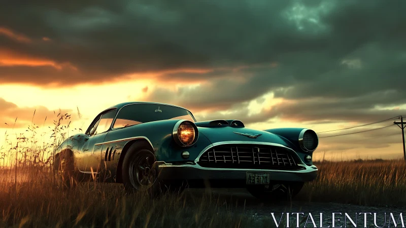 Sunset road welcomes a vintage teal car waiting for adventure