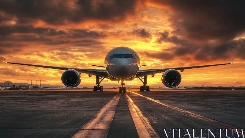 Passenger jet on runway under intense orange sunset sky.
