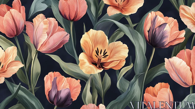 Vibrant Tulip Garden Against Dark Navy Background
