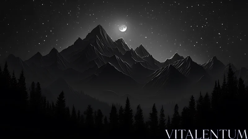 Monochrome mountain range under moonlit starry night sky.