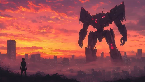 Colossal combat mecha dominates smoggy cityscape at sunset