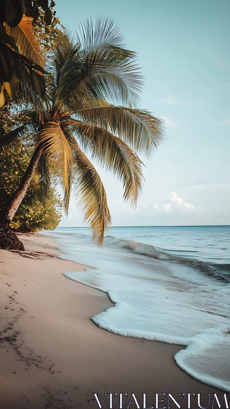 Golden hour palm framing a tranquil tropical shoreline scene