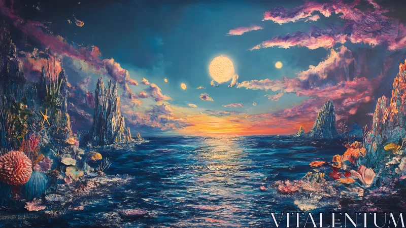 Surreal seascape with luminous sky and coral shores.