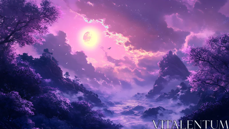 Moon drenched valley hums beneath violet tidal clouds