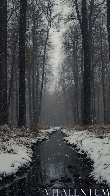 Winter Forest Stream: Snowfall Through Bare Tree Corridor