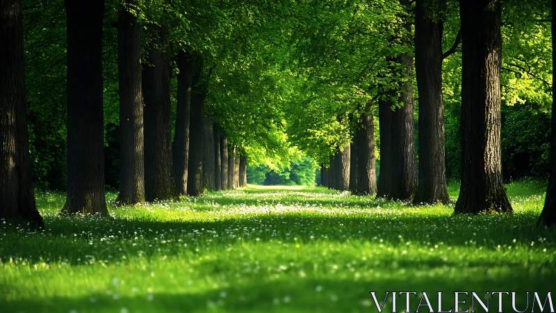 Lush Green Tree Avenue in Sunlight, Nature Photography Style.